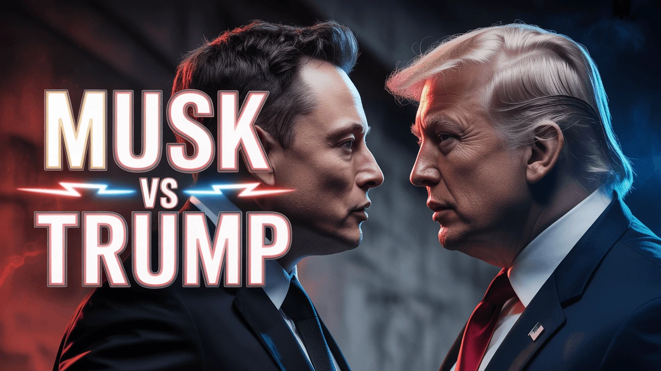 A dramatic thumbnail with two men in suits facing off, labeled &quot;MUSK vs TRUMP&quot; in red and white text with lightning effects, ideal for an AI-generated YouTube video comparing the two figures.
