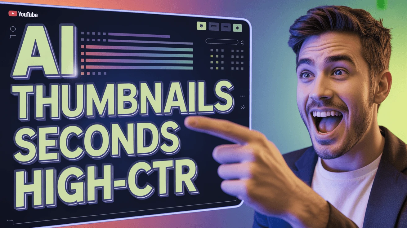 An engaging thumbnail showing a man pointing at a screen displaying &quot;AI THUMBNAILS SECONDS HIGH-CTR&quot; in bright yellow text, highlighting quick AI-generated YouTube thumbnails with high click-through rates.