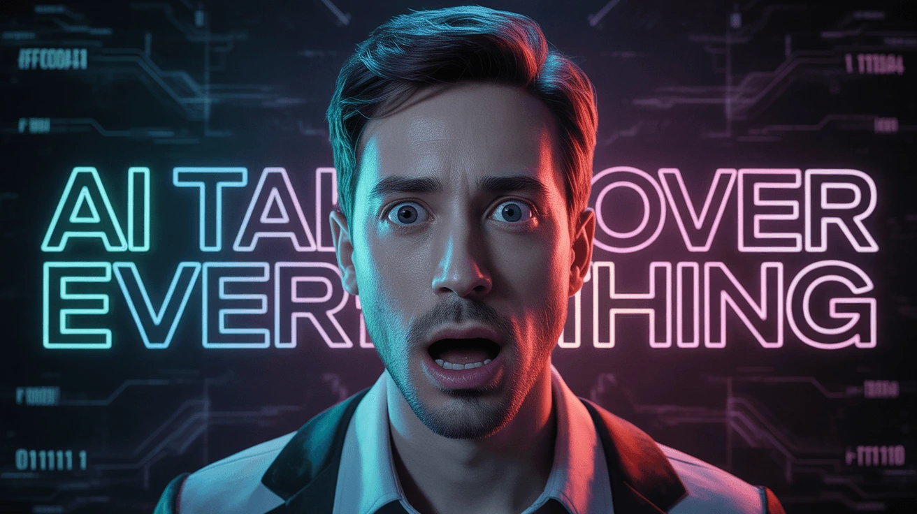 A striking thumbnail featuring a man with a surprised expression against a futuristic background with &quot;AI OVER EVERYTHING&quot; in neon blue and pink text, suggesting an AI-dominated world in a YouTube video.