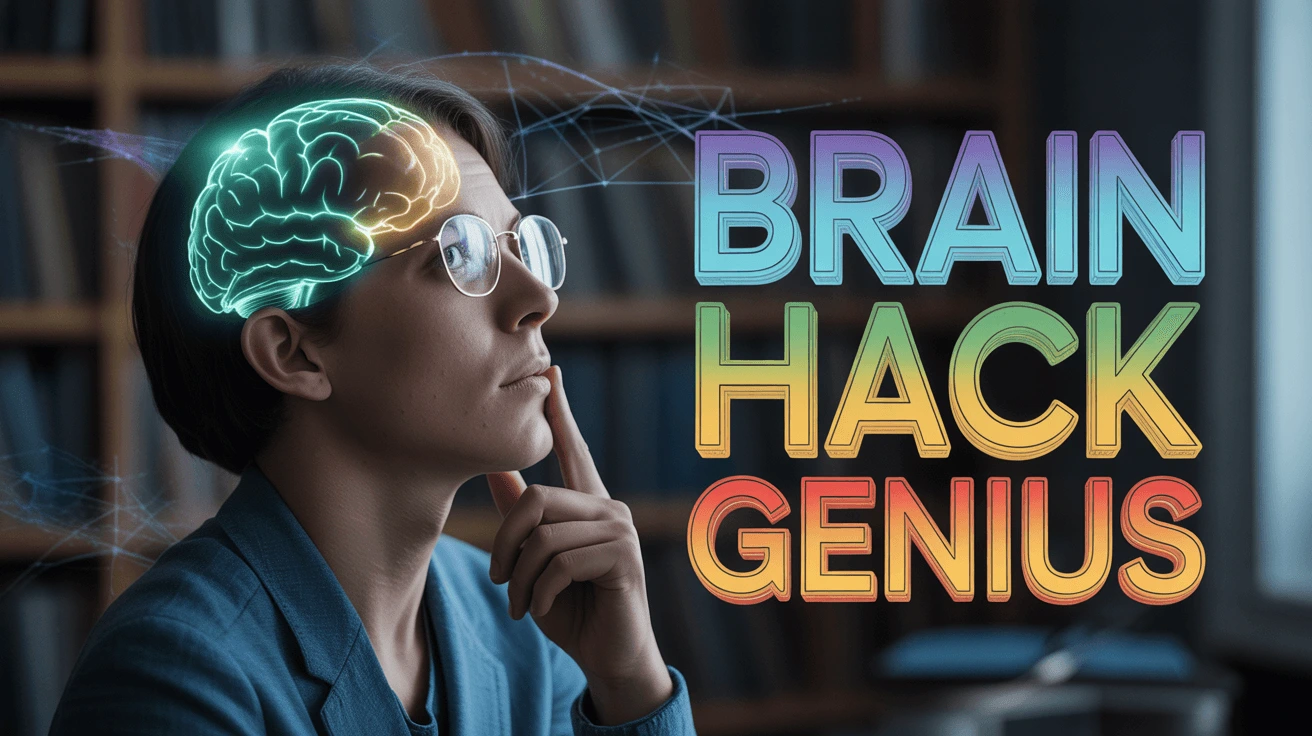 A captivating thumbnail featuring a woman with glasses and a glowing digital brain graphic above her head, set against a bookshelf background, with &quot;BRAIN HACK GENIUS&quot; in vibrant rainbow text, promoting an AI-generated YouTube video on enhancing intelligence and cognitive skills.