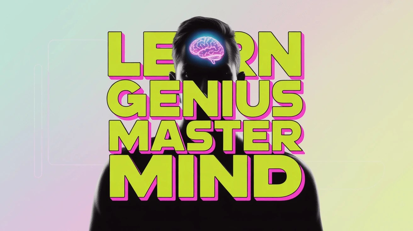 A vibrant thumbnail featuring a silhouette with a glowing brain graphic, overlaid with bold neon text &quot;LEARN GENIUS MASTERMIND&quot; in green and pink, promoting an AI-generated educational or intellectual growth video on YouTube.