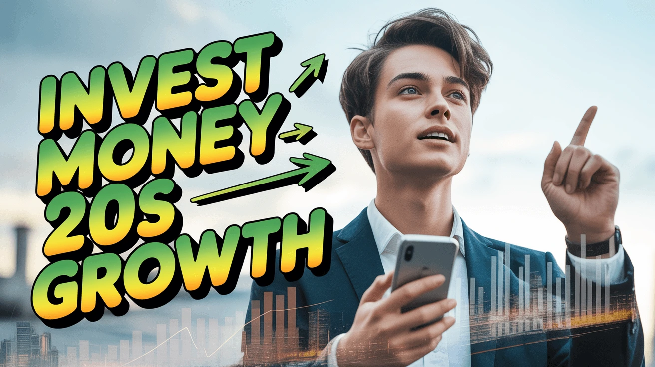 A motivational thumbnail featuring a man holding a smartphone with &quot;INVEST MONEY 20S GROWTH&quot; in green and yellow text, designed for an AI-generated YouTube video on financial growth for young adults.