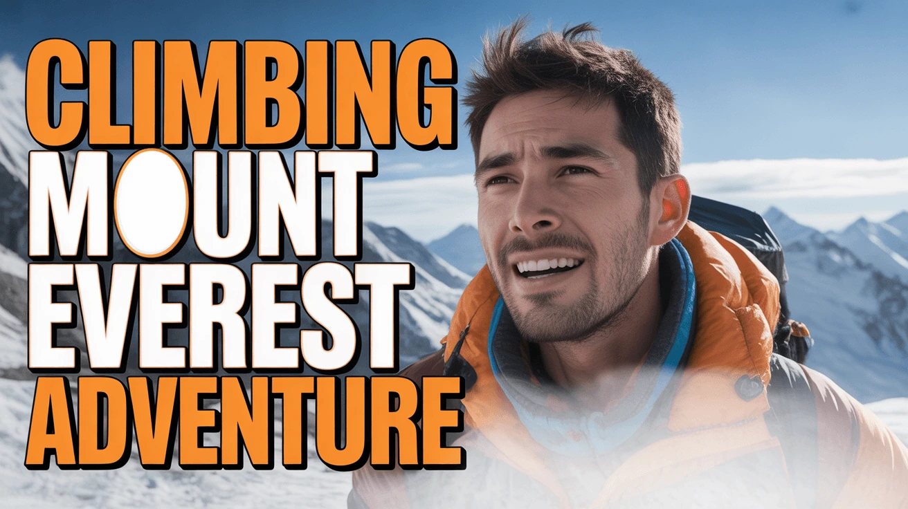 An adventurous thumbnail showing a man in winter gear with &quot;CLIMBING MOUNT EVEREST ADVENTURE&quot; in orange text, perfect for an AI-generated YouTube video about mountaineering experiences.